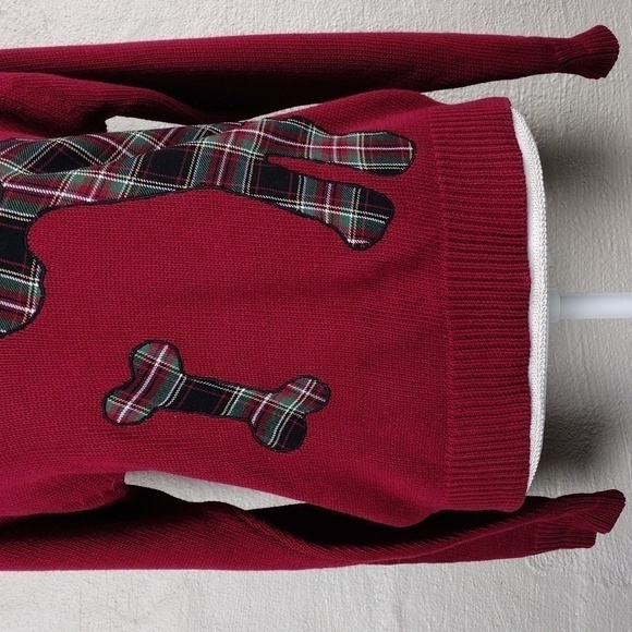 Leon Levin Hand Loomed Red Plaid Dog Applique Crew Neck Pullover Sweater Top - Picture 3 of 16